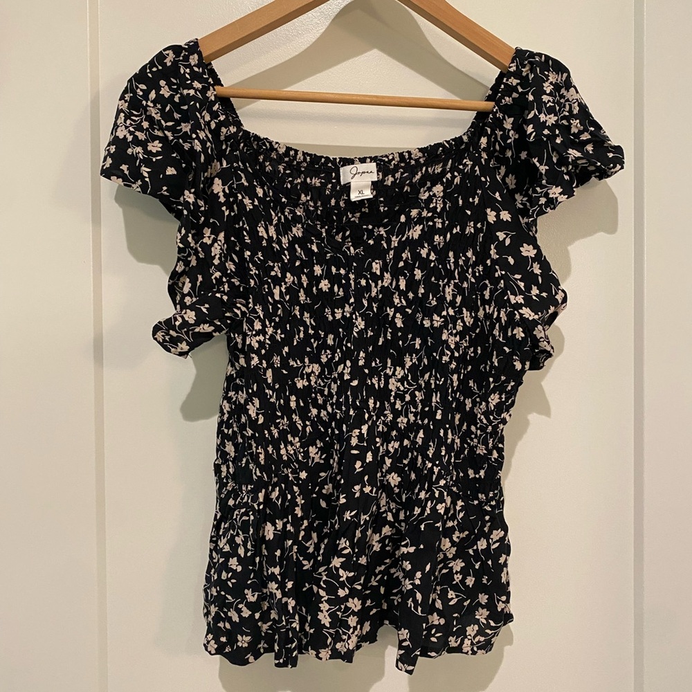 Japna Black Flutter Sleeve Blouse with Cream Floral Design, size XL